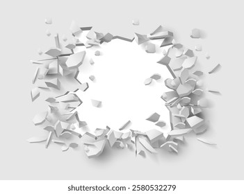 Broken hole in panel, realistic break in wall. Vector falling bricks or plaster. Demolished or destroyed barrier revealing copy space, blank place for text. Stones and building concrete