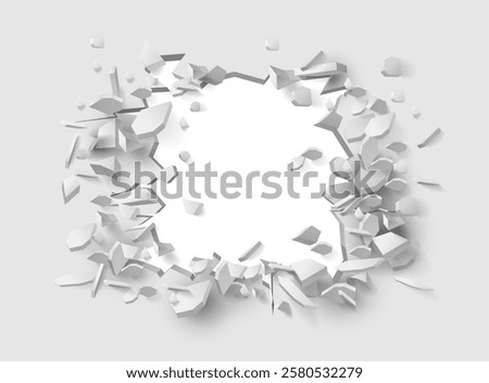 Broken hole in panel, realistic break in wall. Vector falling bricks or plaster. Demolished or destroyed barrier revealing copy space, blank place for text. Stones and building concrete