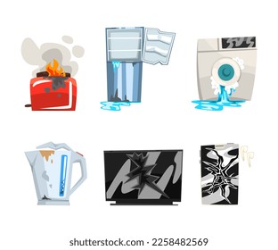 Broken Home Appliance with Kettle, Toaster, Washing Machine, Fridge, Tv and Player Vector Set