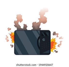 Broken home appliances. Damaged microwave. Domestic icon isolated on white. Burning electronics. Homeappliances or burnt electrical household equipment in fire