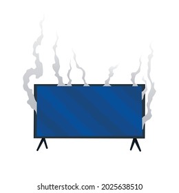 Broken home appliances. Damaged monitor. Domestic icon isolated on white. Burning electronics. Homeappliances or burnt electrical household equipment in fire
