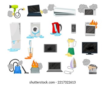 Broken Home Appliances and Electronic Device with Different Damage Big Vector Set