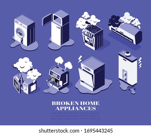 Broken Home Appliances Isometric Set With Washing Machine Fridge Microwave Over Conditioner Boiler Isolated On Blue Background 3d Vector Illustration