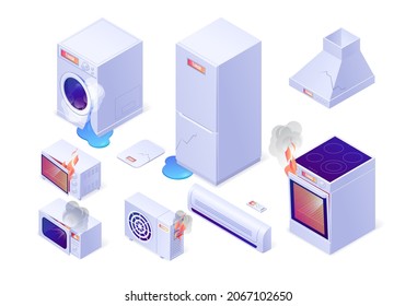 Broken Home Appliances With Leakage, Fire And Cracks. Vector Isometric Set Of Washing Machine, Electrical Stove, Refrigerator, Microwave, Floor Wave And Conditioner With Damage