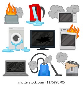 Broken home appliances set, damaged electrical household equipment vector Illustrations on a white background