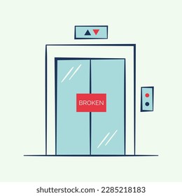 Broken home passenger elevator with warning sign. Device for lifting and lowering people. 