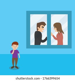 Broken home vector concept: boy crying outside the window because of his parents arguing