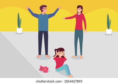 Broken home vector concept: Little daughter crying while her parents fighting at home 