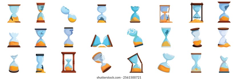 Broken hourglass icons set. Set of hourglass icons representing the passage of time, featuring sand timers in various states, including broken, whole, and with flowing sand