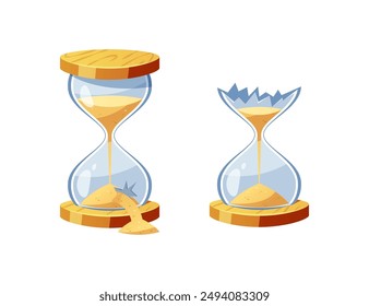 Vector de reloj de arena roto aislado sobre fondo blanco.