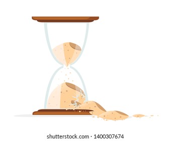 Broken Hourglasses colored icon. Sand pours out. Flat vector illustration isolated on white background. Antique time measurement. Transparent glass
