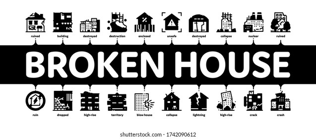 Broken House Building Minimal Infographic Web Banner Vector. Crashed And Abandoned Building, Demolition Damaged Construction And Plant, Illustration