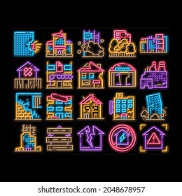 Broken House Building neon light sign vector. Glowing bright icon  Crashed And Abandoned Building, Demolition Damaged Construction And Plant, Illustrations