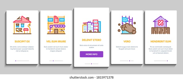 Broken House Building Onboarding Mobile App Page Vector. Abgestürztes und entlassenes Gebäude, Zerstörung von Bauwerken und Anlagen, Farbillustrationen