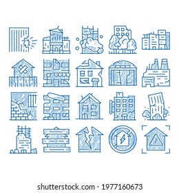 Broken House Building Sketch Icon Vector. Hand Drawn Blue Doodle Line Art Crashed And Abandoned Building, Demolition Damaged Construction And Plant, Illustrations