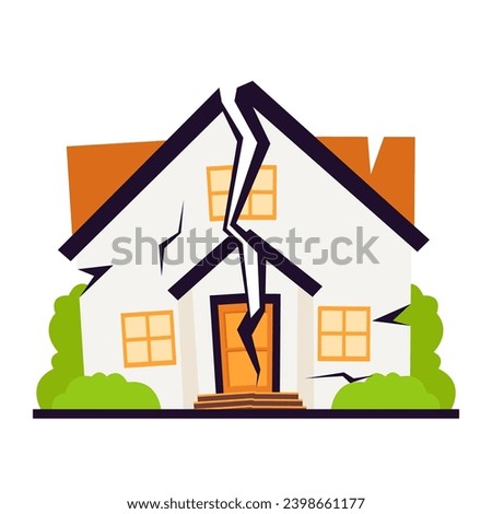 broken house damaged by earthquake isolated on white background
