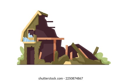 Broken house. Destroyed damaged collapsed building with ruined crumbling wooden walls, crashed windows. Demolished wood construction exterior. Flat vector illustration isolated on white background