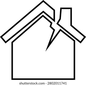 Broken House Icon Damaged Home Property Disaster Symbols Bundle, Ruin, Repair, Insurance Claim, Structural Damage Vector in Flat and Line Style