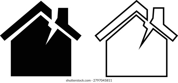 Broken House Icon Set Collection Group, Damaged Home Property Disaster Symbols Bundle, Ruin, Repair, Insurance Claim, Structural Damage Vector in Flat and Line Style