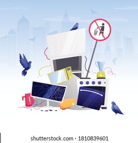 Broken household appliances gadgets waste flat composition with garbage mountain of broken things vector illustration