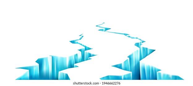 Broken ice, deep crack in frozen surface. Breaks in glacier in perspective view. Vector realistic background with fractures in ice from earthquake or melting. 3d blue rifts on white background