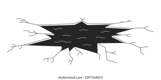 Broken ice hole black and white 2D line cartoon object. Frozen lake ice cracks spring, round hollow isolated vector outline item. Dangerous place wintertime monochromatic flat spot illustration