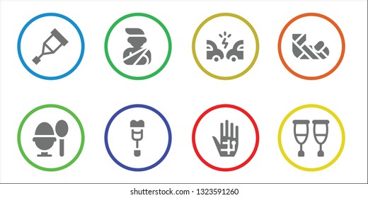broken icon set. 8 filled broken icons.  Collection Of - Crutch, Boiled egg, Accident, Radiography, Plastered arm, Crutches
