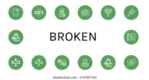 broken icon set. Collection of Broken tooth, Broken pipe, Banker, Collision, Leak, Crutch, Pastor, Handle with care, heart icons