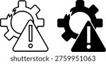 Broken Icons. Line and Glyph Vector Icons. Broken Gear and Warning Sign. Damaged Mechanism or Equipment. Repair Concept
