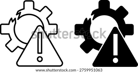 Broken Icons. Line and Glyph Vector Icons. Broken Gear and Warning Sign. Damaged Mechanism or Equipment. Repair Concept