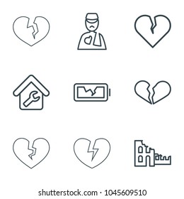 Broken icons. set of 9 editable outline broken icons such as