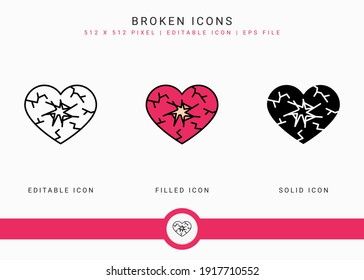 Broken icons set vector illustration with solid icon line style. Wedding love romance concept. Editable stroke icon on isolated background for web design, user interface, and mobile application