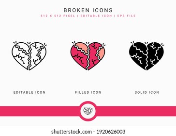 Broken icons set vector illustration with solid icon line style. Wedding love romance concept. Editable stroke icon on isolated background for web design, user interface, and mobile application