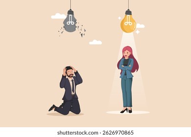 De Ideia Quebrada a Ilustração de Solução Brilhante Mostrando um Homem Frustrado Sob uma Lâmpada Quebrada e uma Mulher Confiante Sob uma Brilhante.