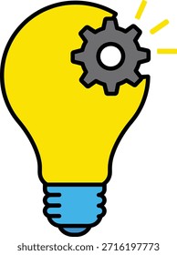 Gebrochene Idee, dargestellt durch Glühbirne mit eingebetteter Ausrüstung, die beschädigtes Denken repräsentiert. Kennzeichnet fehlerhafte Innovation oder unproduktive Ideen, Vektorkunst.