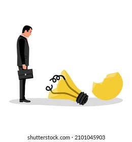 Idea rota. Un hombre triste se sienta con una idea fallida. Concepto de error. Concepto de error. Proyecto de error. Diseño plano de ilustración vectorial. Aislado sobre fondo blanco.