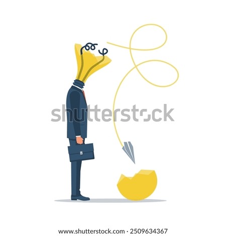 Broken idea. A sad man sits with a failed idea. Error concept. Broken light bulb instead of a head. Failure project. Vector illustration flat design. Isolated on white background.