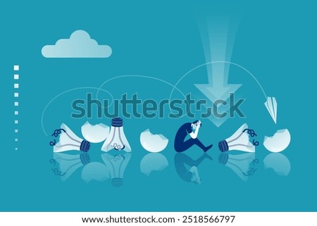 Broken idea. A sad man sits with a failed idea. Error concept. Error concept. Failure project. Vector illustration flat design. Isolated on white background.