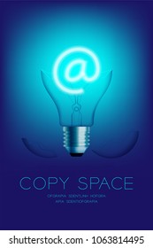 Broken Incandescent light bulb switch on set At sign, Email concept design illustration isolated glow in blue gradient background