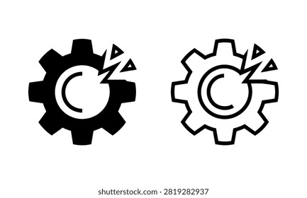 Broken and intact gear icons set with missing teeth