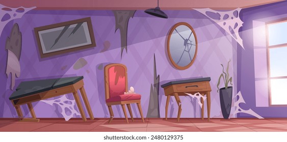 Zerbrochener Innenraum. Beschädigte Möbel im alten Stil Innere rissen Sofas schmutzige Stühle im Wohnzimmer genaue Vektorgrafik Hintergrund