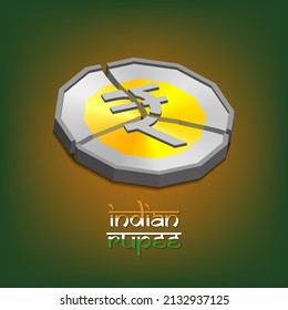Broken into pieces 3d Indian bimetallic rupee coin. The fall of the currency. Financial crisis