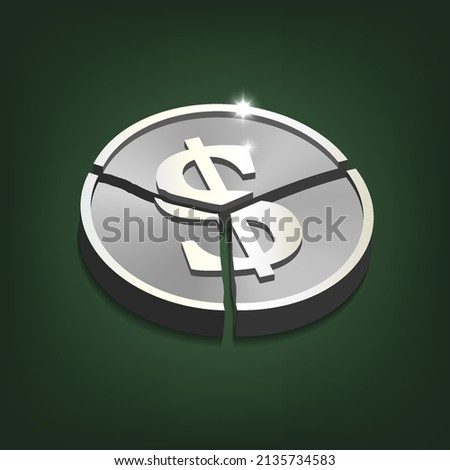 Broken into pieces 3d silver dollar coin on dark green background. Shadows and highlights. Finance vector poster