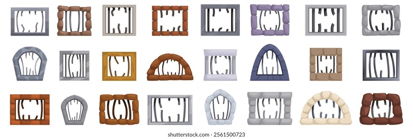 Broken jail bars icons set. Prison bars set showing different materials and shapes for jail windows, creating a diverse range of confinement imagery