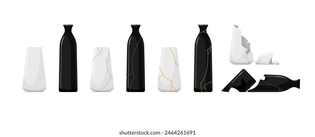 Broken japanese ceramic vases repaired with gold lacquer. White and black pottery, modern glass vessels and kintsugi clay jugs. Old broken pottery and vases with gold cracks, vector illustration