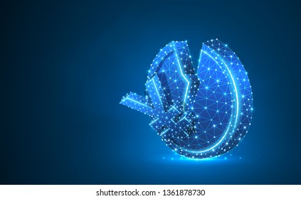 Broken Japanese Yen Coin. Neon 3d illustration. Polygonal Vector business, money, unstable finance, market crash, broken circle concept. Low poly wireframe, triangle, lines, dots. Blue background