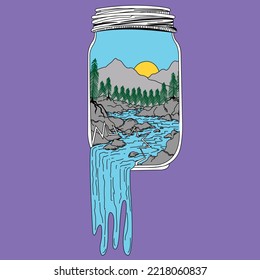 BROKEN JAR CON UN BOSQUE Y MONTAÑAS Y EL RÍO
