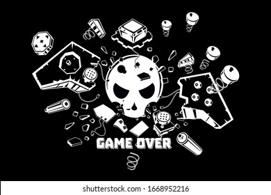 Broken joystick. Gamepad parts. Video game poster. Game over t shirt print. Vector graphic illustration.