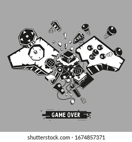 Broken joystick. Gamepad parts. Video game poster. Game over t shirt print. Vector graphic illustration.