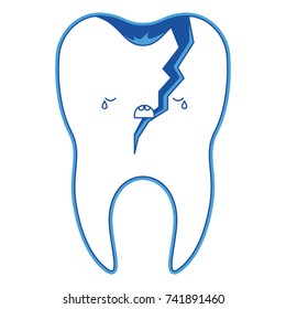 broken kawaii tooth with root in blue silhouette vector illustration